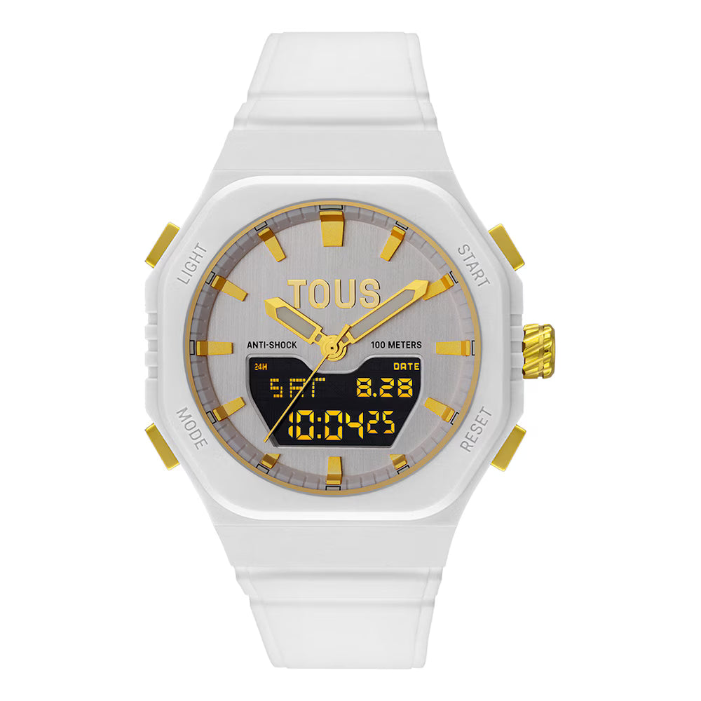 Reloj Tous analógico/digital de acero IPG dorado con brazalete de nylon blanco