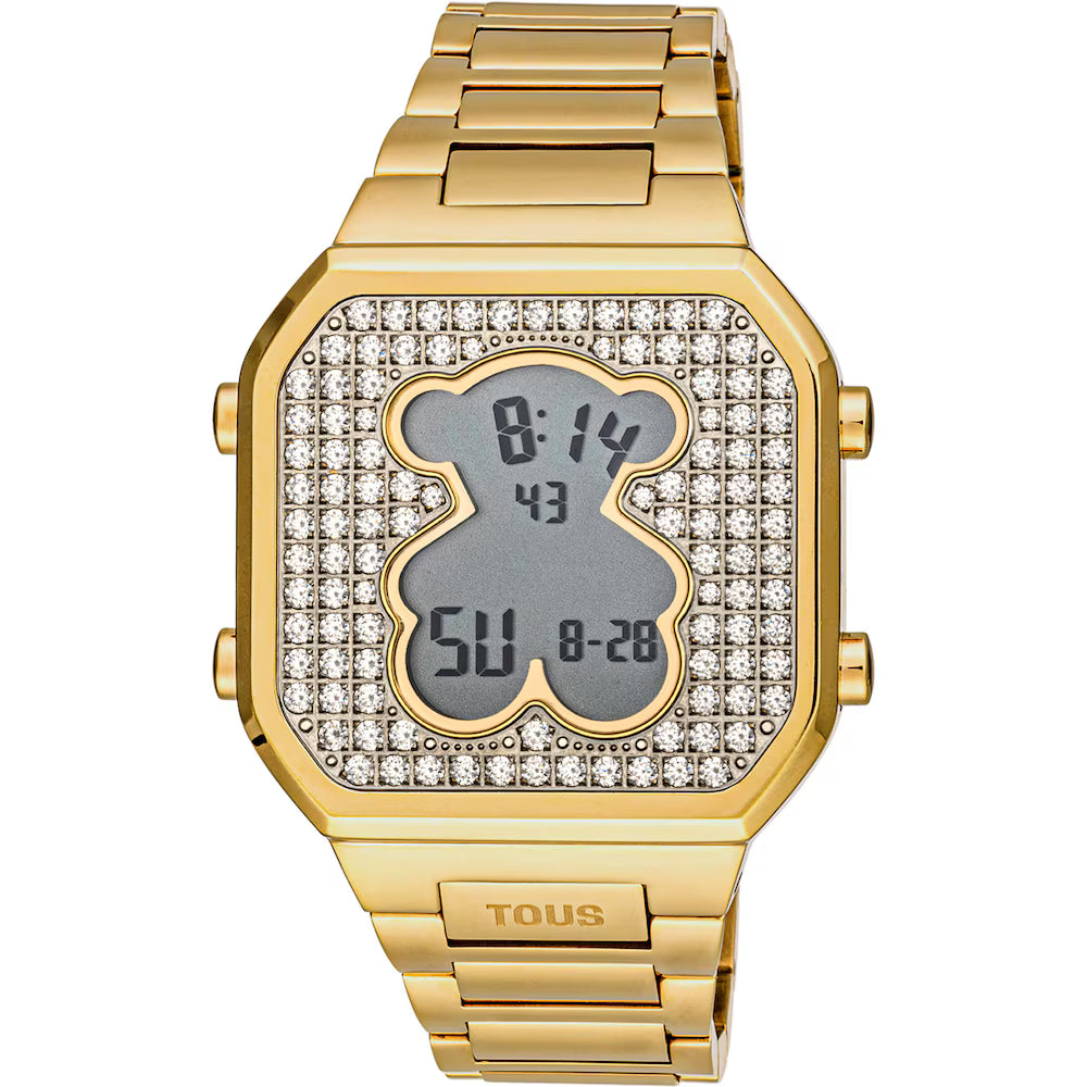 Reloj Tous digital con brazalete de acero IPG dorado y zirconitas D-BEAR