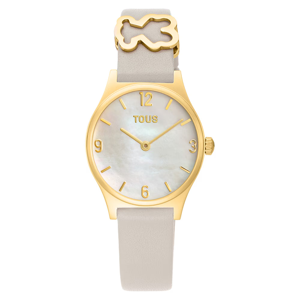 Reloj Tous analógico con brazalete de piel blanca, acero dorado y esfera de nácar Epic Icon