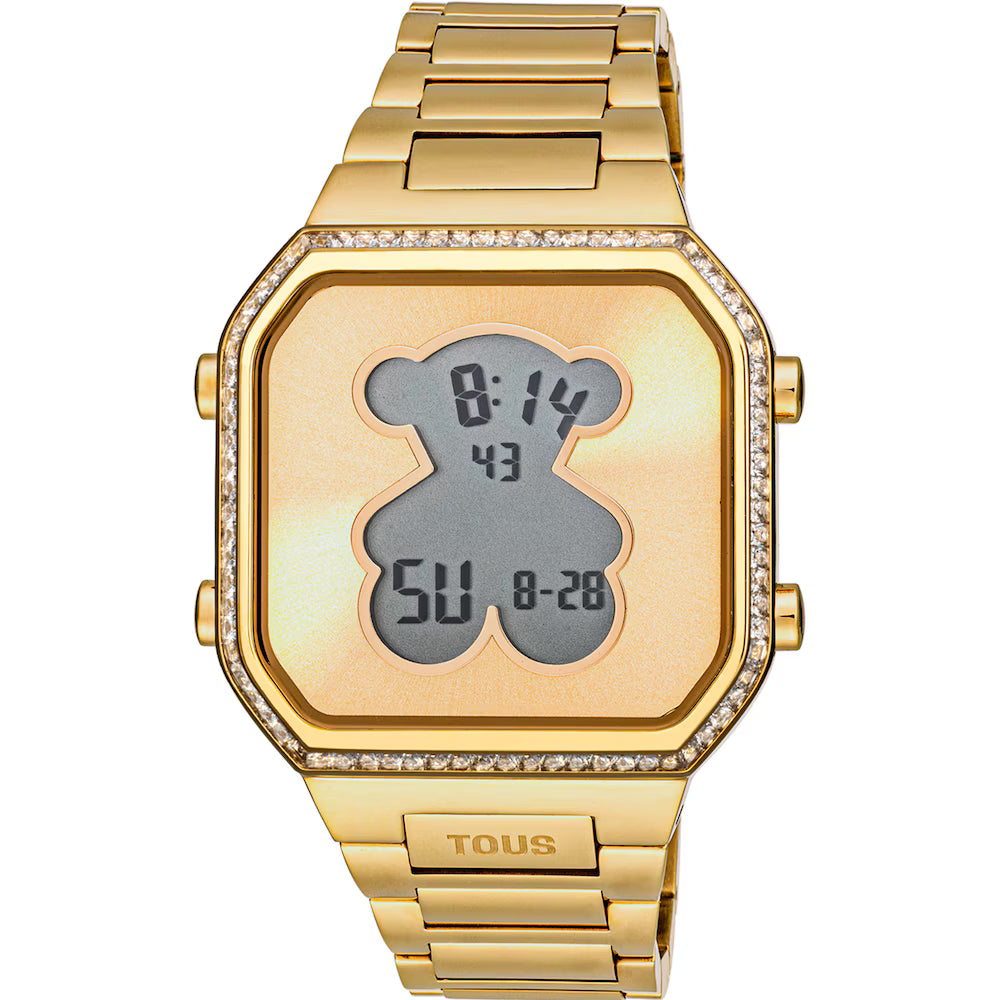 Reloj Tous digital con brazalete de acero IPG dorado y zirconitas D-BEAR