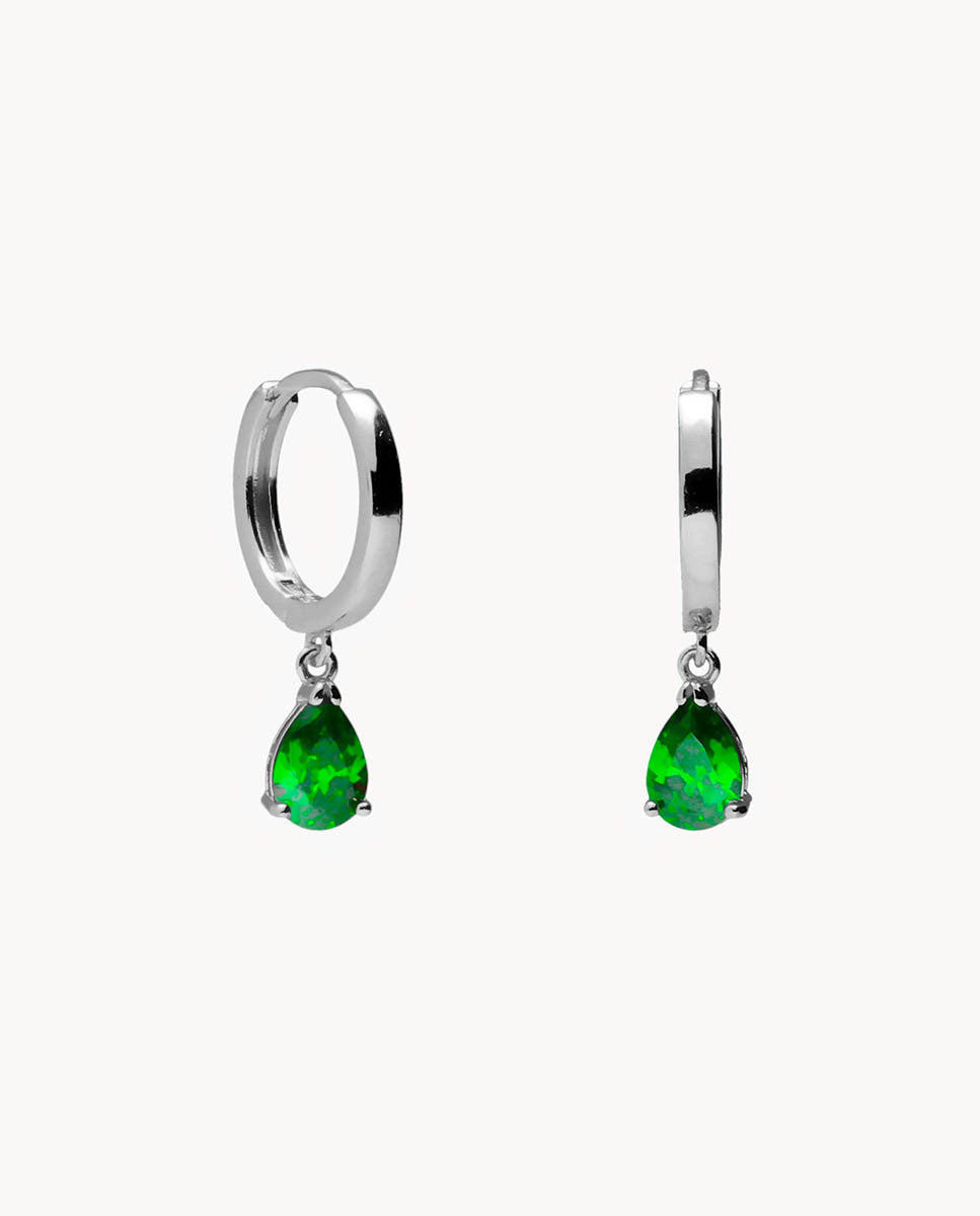 Pendientes de aro gota esmeralda de plata de ley 925 bañada en rodio. 42-3396