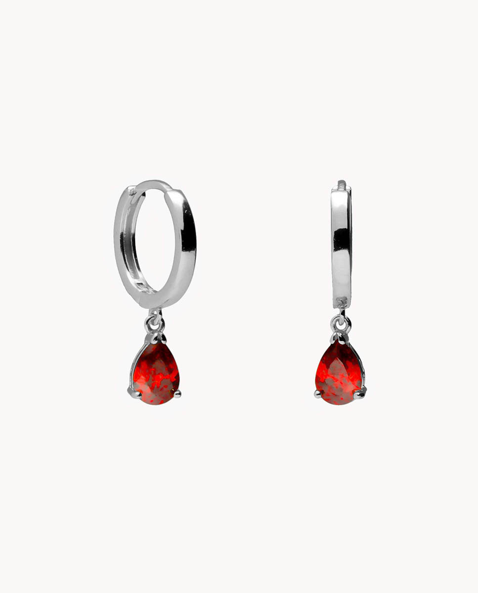 Pendientes de aro gota granate de plata de ley 925 bañada en rodio. 42-3392