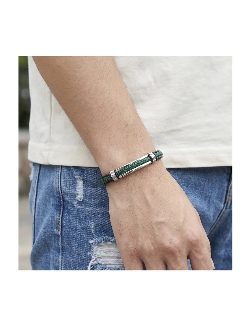 Pulsera Lotus Style Doble Piel Trenzada Negra y Verde con Barra de Acero LS2638-2/4