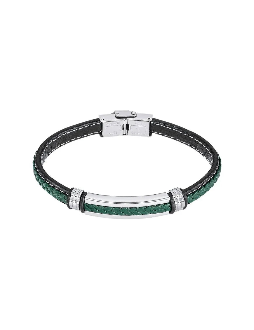 Pulsera Lotus Style Doble Piel Trenzada Negra y Verde con Barra de Acero LS2638-2/4