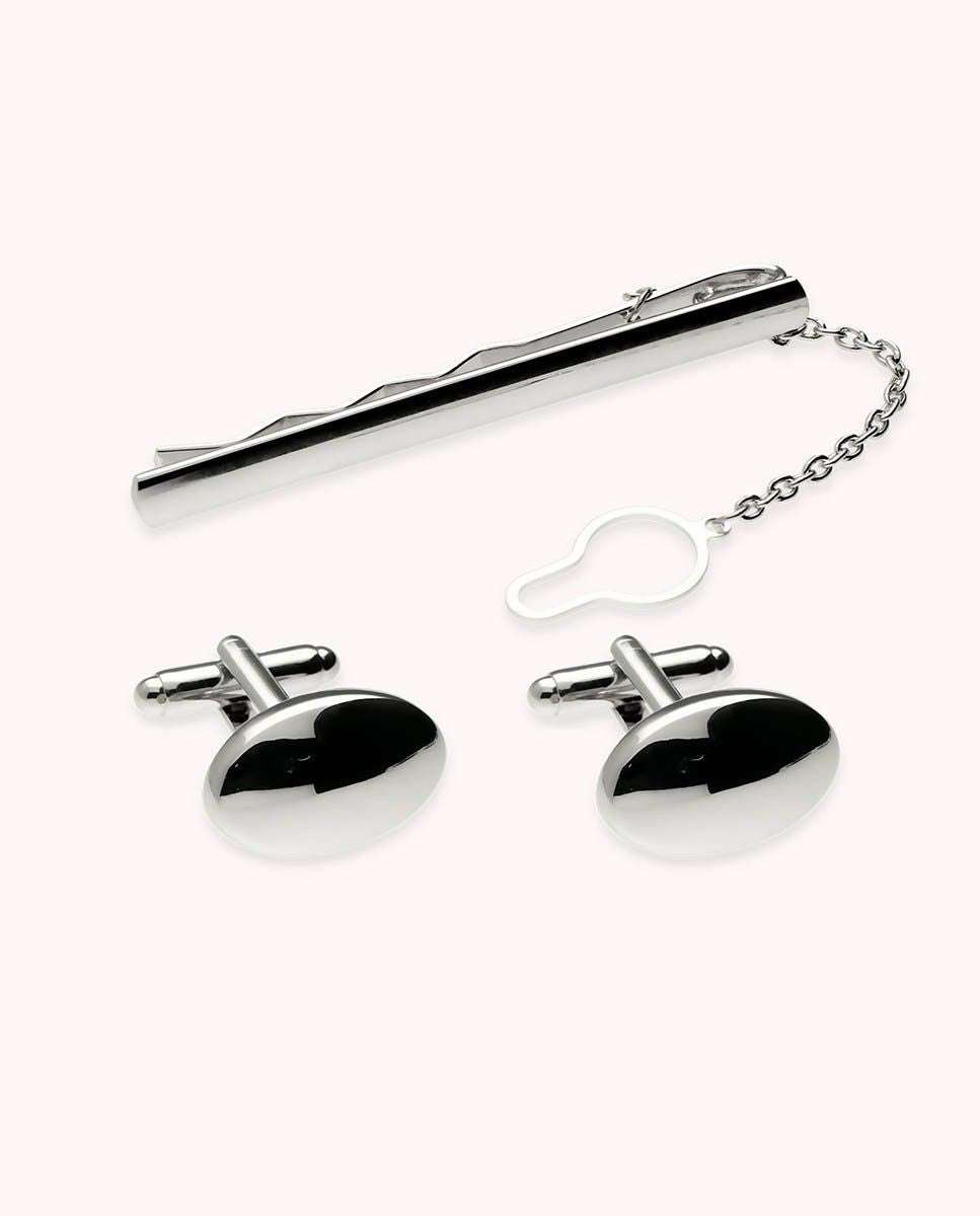 Set de gemelos y pasador de corbata bola de metal bañado en rodio 44-7096