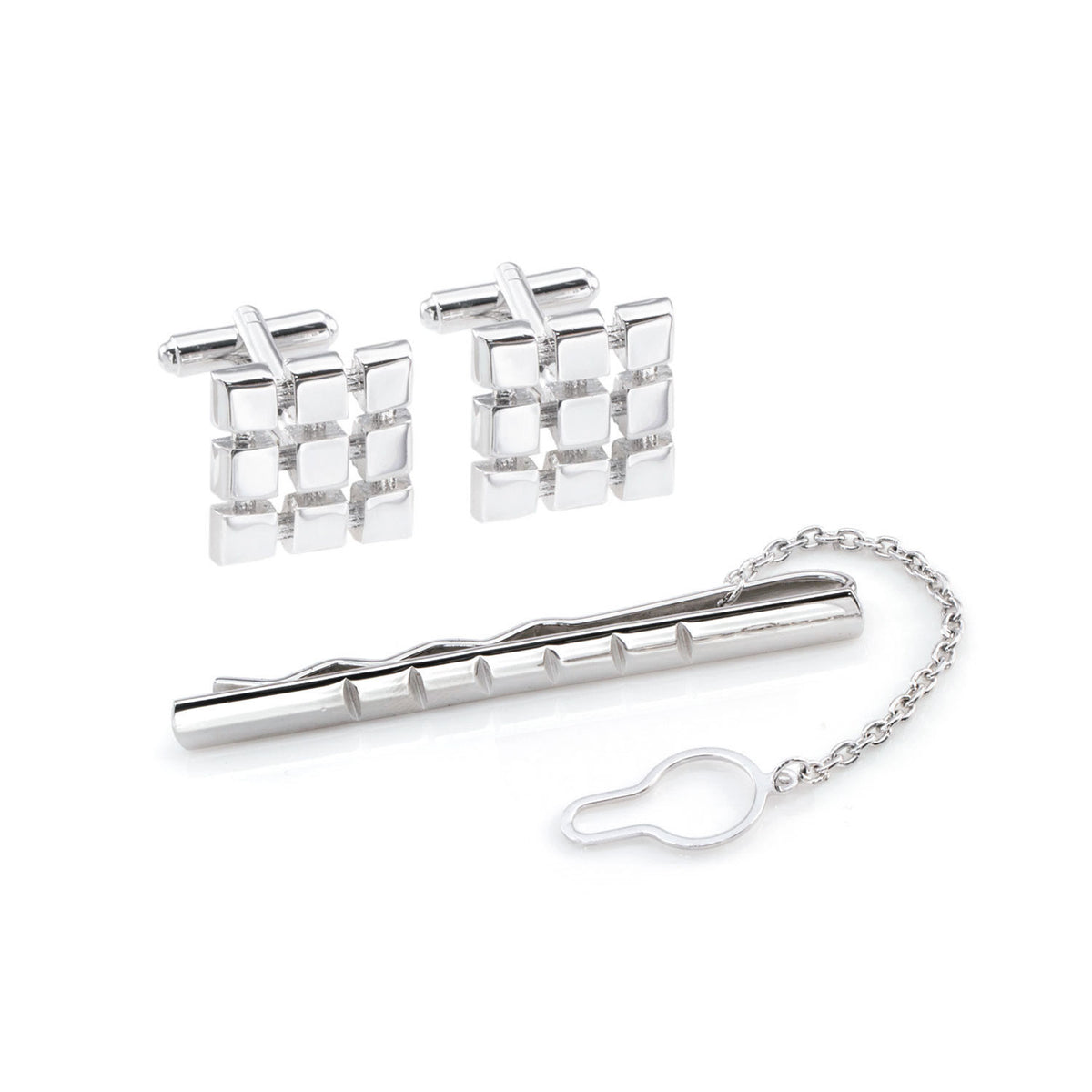Set de gemelos y pasador de metal rodiado. 44-7005