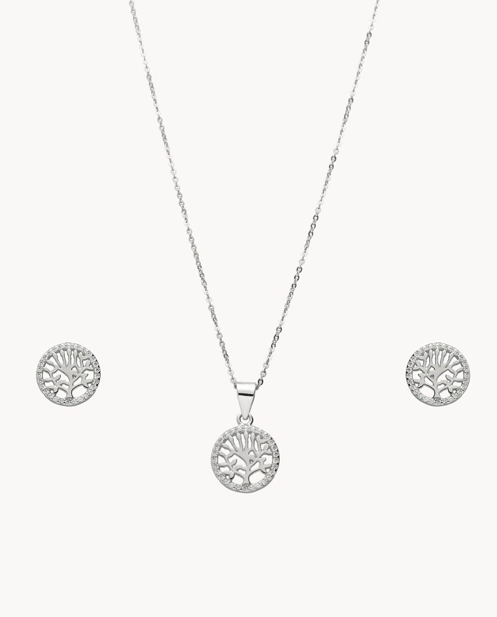 Set de pendientes y colgante árbol de la vida brillos de plata de ley 925 bañada en rodio 15-5150