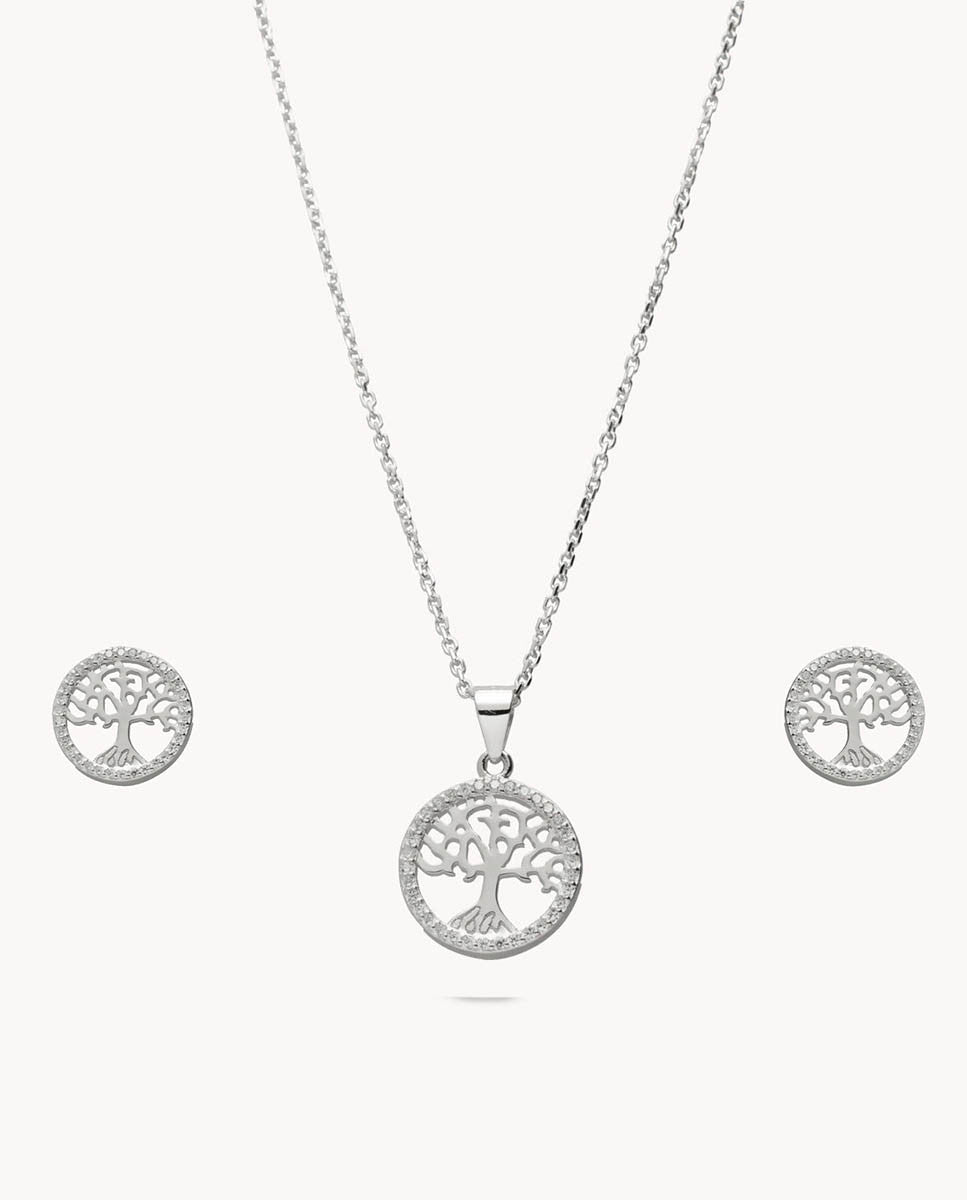 Set de pendientes y colgante árbol de la vida en aro de plata de ley 925 bañada en rodio 15-5088
