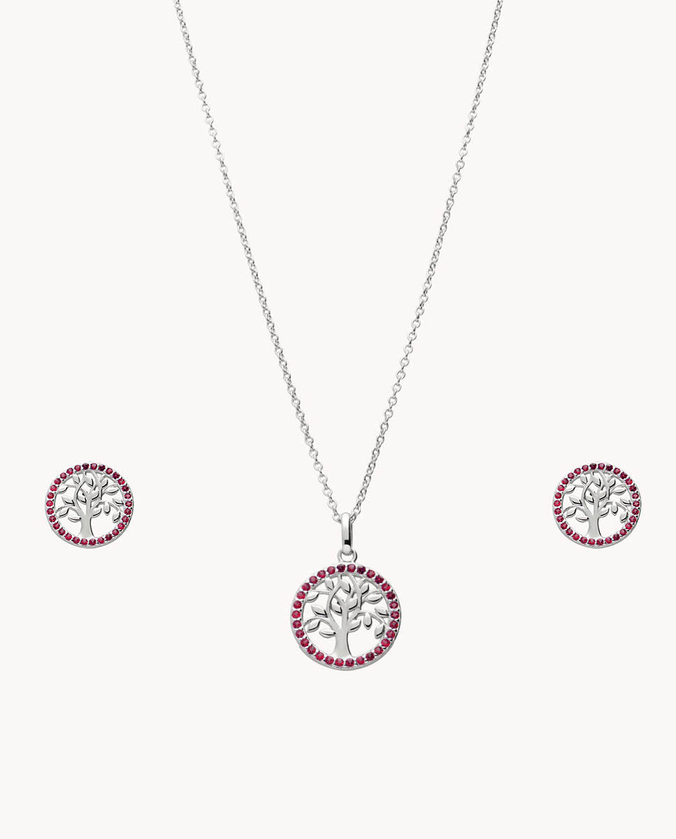 Set de pendientes y colgante árbol de la vida rubí de plata de ley 925 bañada en rodio 58-5171
