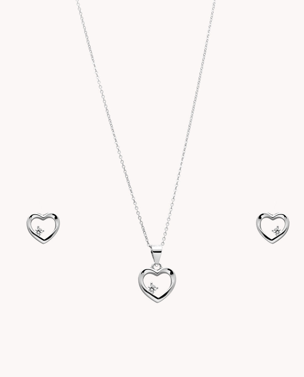 Set de pendientes y colgante corazón hueco brillo de plata de ley 925 bañada en rodio 92-5145