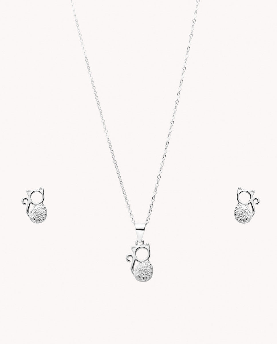 Set de pendientes y colgante gato mini brilli de plata de ley 925 bañada en rodio 15-5154