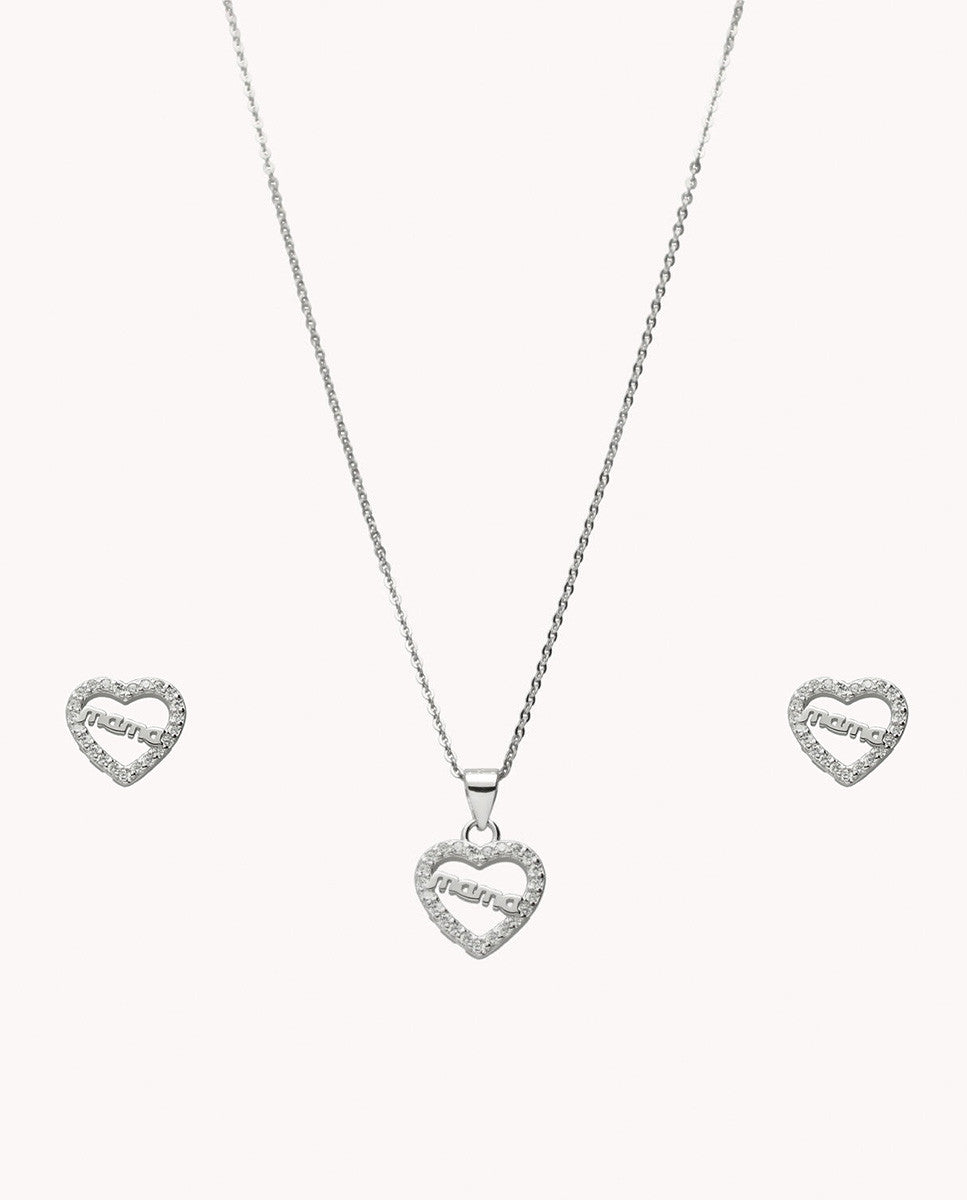 Set de pendientes y colgante mamá en corazón de plata de ley 925 bañada en rodio 06-5006