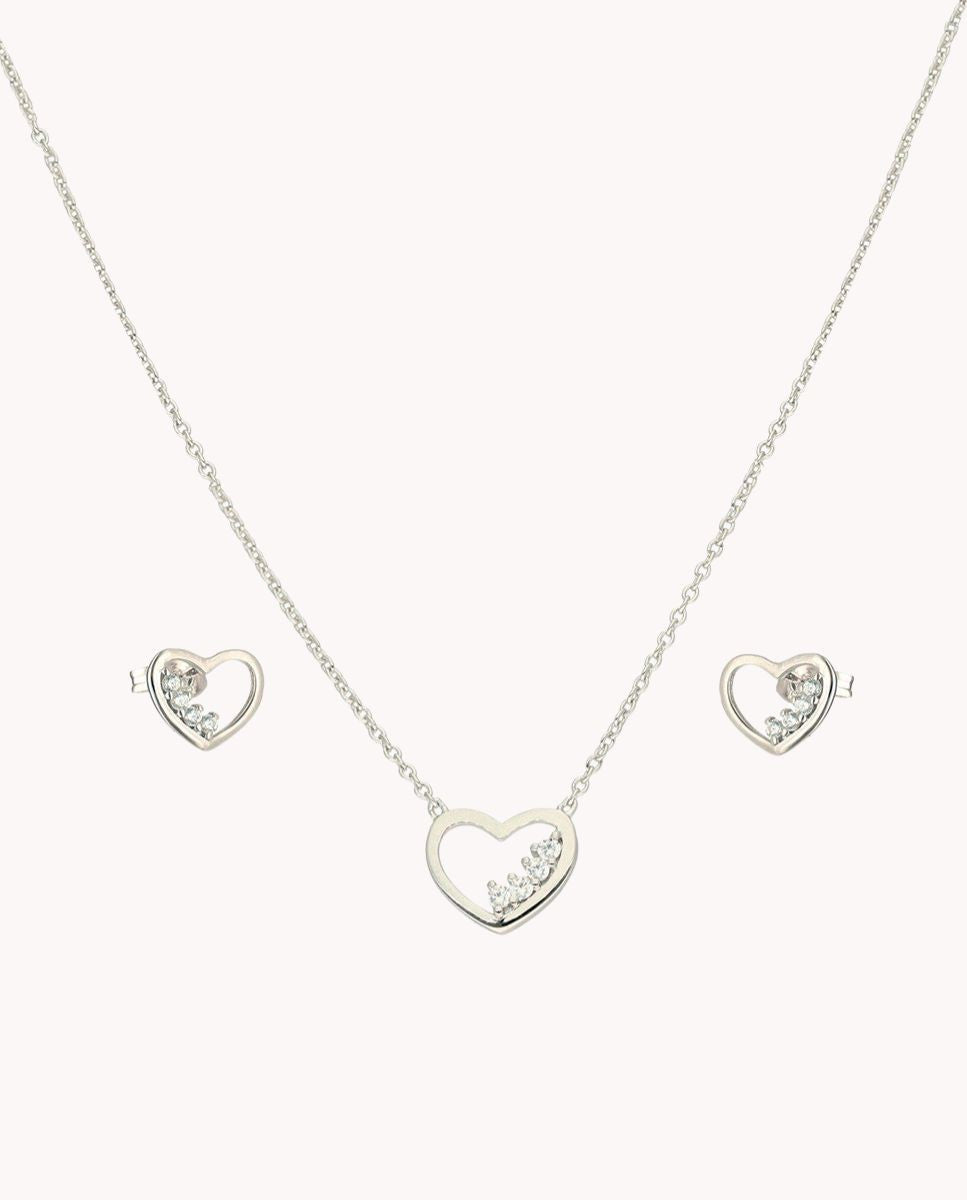 Set de pendientes y collar de plata de ley 925 bañada en rodio con corazon y circonitas 58-5166
