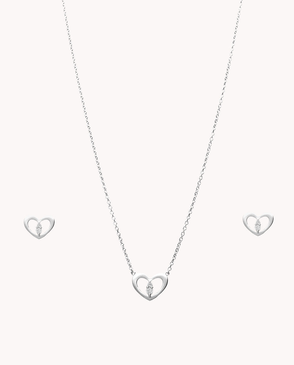 Set de pendientes y collar de plata de ley 925 bañada en rodio con corazón y circonitas 58-5167