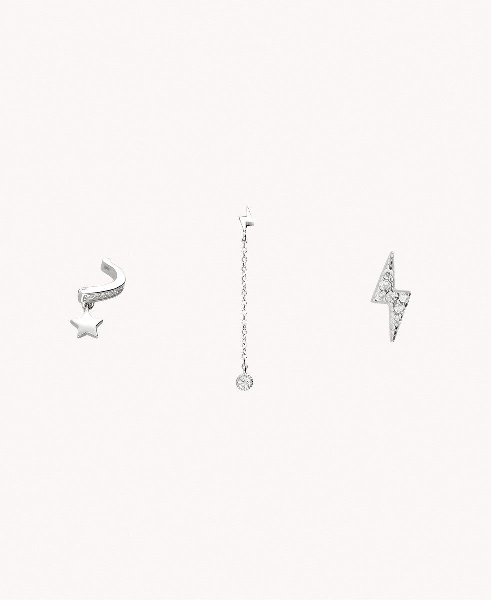 Set de tres pendientes individuales cielo lunar de plata de ley 925 bañada en rodio 42-9021