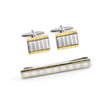 Set metal tie clip+cuff link in rhodium gold plate.  31-7025