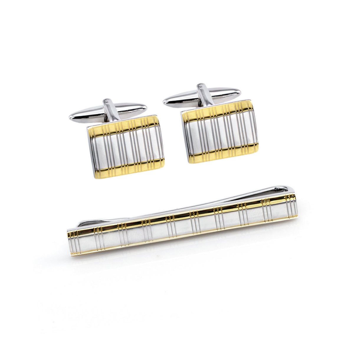 Set metal tie clip+cuff link in rhodium gold plate.  31-7025